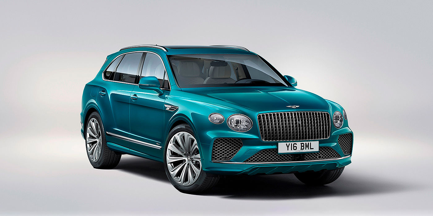 Bentley Chongqing Bentley Bentayga Azure front three-quarter view, featuring a fluted chrome grille with a matrix lower grille and chrome accents in Topaz blue paint.