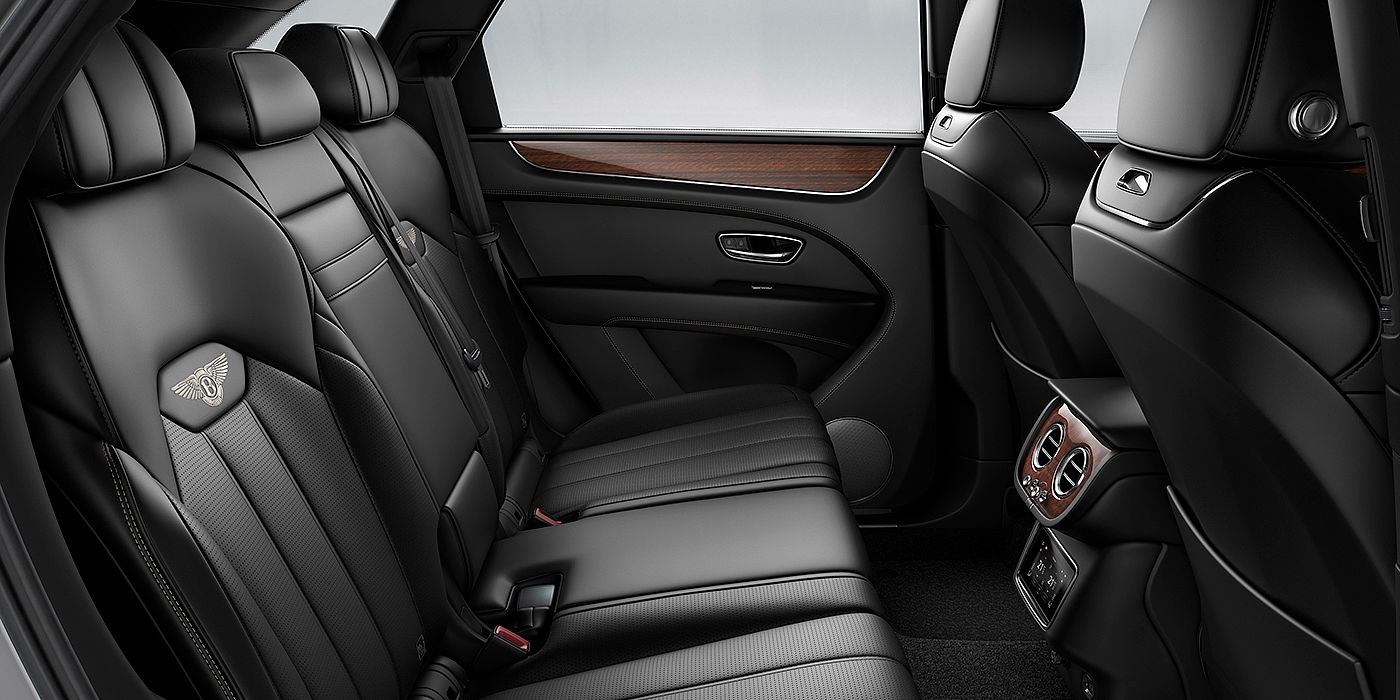 Bentley Chongqing Bentey Bentayga interior view for rear passengers with Beluga black hide.